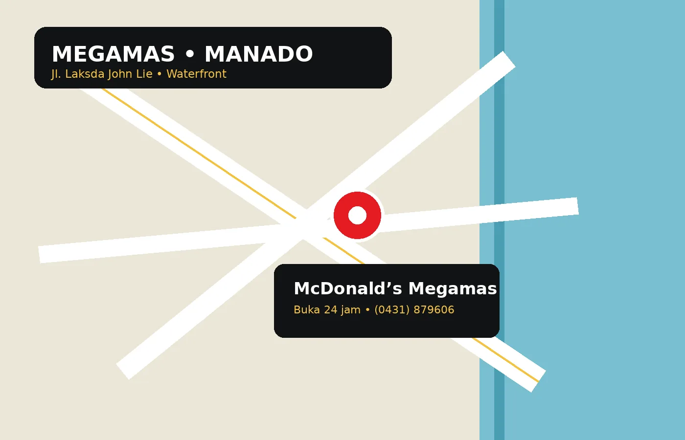 Lokasi McDonald's Megamas Manado di Kawasan Megamas, Jl. Laksda John Lie, Kota Manado